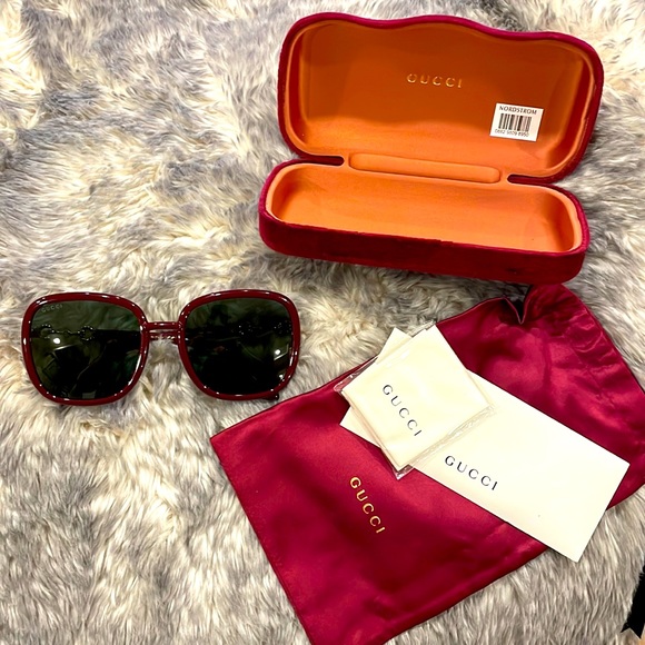 GUCCI OVERSIZED SQUARE HORSEBIT SUNGLASSES DK BRN & GOLD - Picture 2 of 9